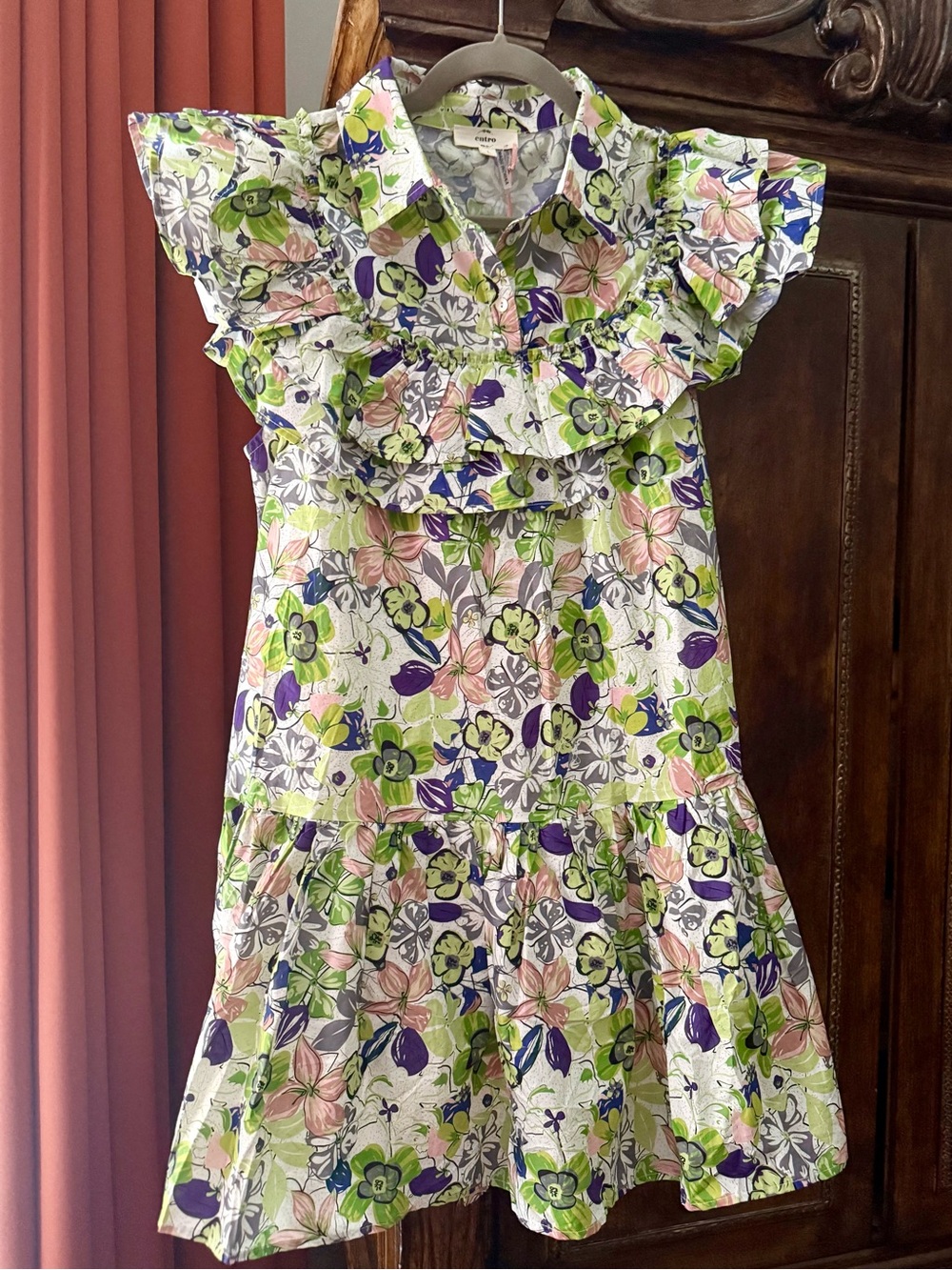 Entro ~ Women’s Floral Ruffle Mini Dress in Green, Pink & Purple - Picture 3 of 6
